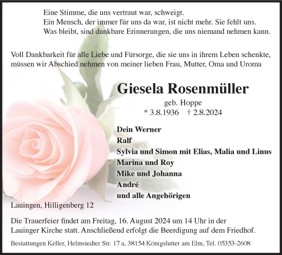 Traueranzeige von Giesela Rosenmüller von Helmstedter Nachrichten