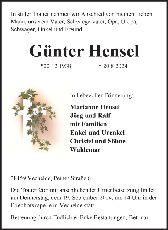 Traueranzeige von Günter Hensel von Peiner Nachrichten