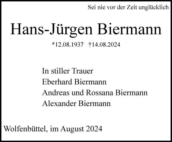 Traueranzeige von Hans-Jürgen Biermann von Wolfenbütteler Zeitung