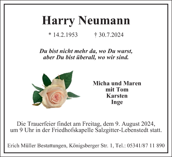 Traueranzeige von Harry Neumann von Salzgitter-Zeitung