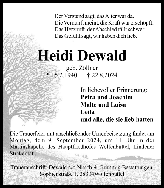 Traueranzeige von Heidi Dewald von Wolfenbütteler Zeitung