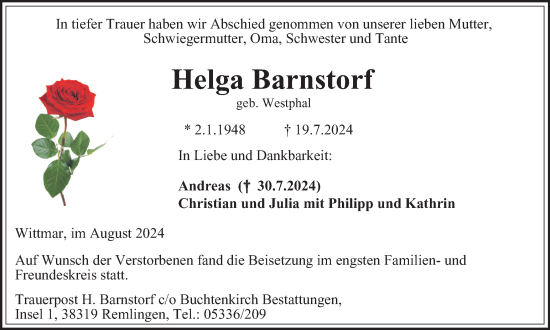 Traueranzeige von Helga Barnstorf von Braunschweiger Zeitung