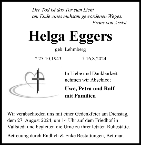 Traueranzeige von Helga Eggers von Peiner Nachrichten