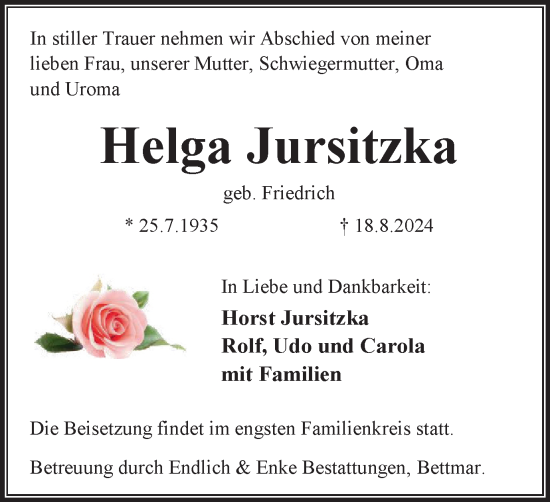 Traueranzeige von Helga Jursitzka von Peiner Nachrichten