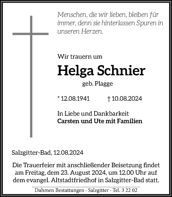 Traueranzeige von Helga Schnier von Salzgitter-Zeitung