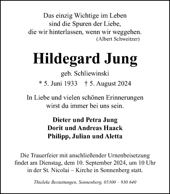 Traueranzeige von Hildegard Jung von Peiner Nachrichten