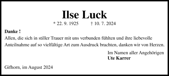 Traueranzeige von Ilse Luck von Wolfsburger Nachrichten