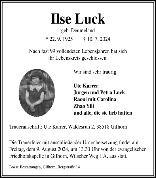 Traueranzeige von Ilse Luck von Wolfsburger Nachrichten