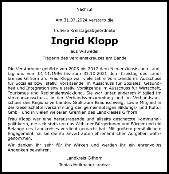 Traueranzeige von Ingrid Klopp von Wolfsburger Nachrichten