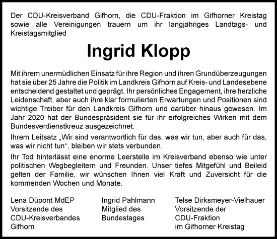 Traueranzeige von Ingrid Klopp von Wolfsburger Nachrichten