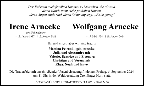 Traueranzeige von Irene und Wolfgang Arnecke von Braunschweiger Zeitung