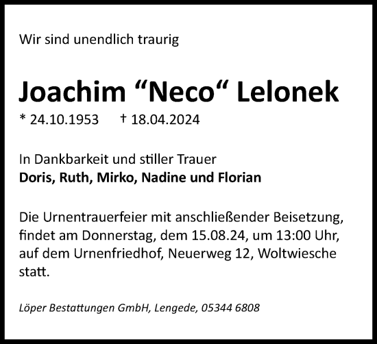 Traueranzeige von Joachim Lelonek von Peiner Nachrichten