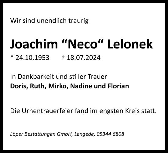 Traueranzeige von Joachim Lelonek von Peiner Nachrichten