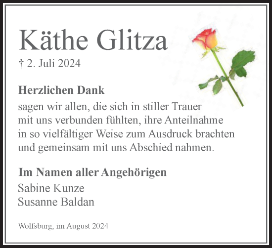 Traueranzeige von Käthe Glitza von Wolfsburger Nachrichten