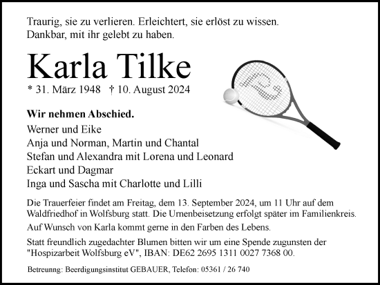 Traueranzeige von Karla Tilke von Wolfsburger Nachrichten