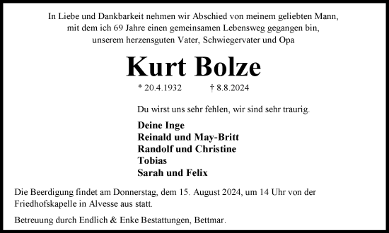 Traueranzeige von Kurt Bolze von Peiner Nachrichten