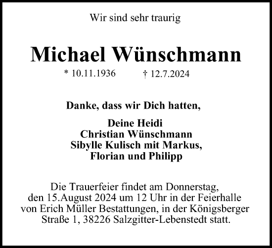 Traueranzeige von Michael Wünschmann von Salzgitter-Zeitung