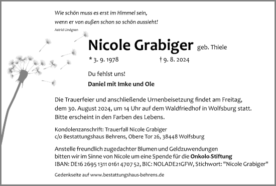 Traueranzeige von Nicole Grabiger von Wolfsburger Nachrichten