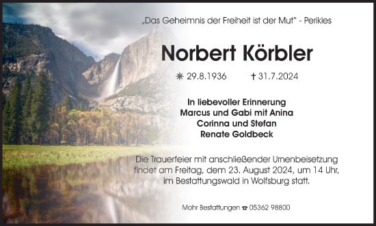 Traueranzeige von Norbert Körbler von Wolfsburger Nachrichten