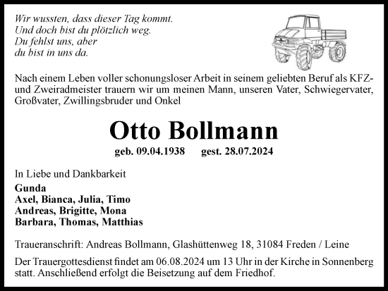 Traueranzeige von Otto Bollmann von Peiner Nachrichten