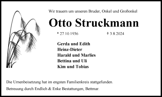 Traueranzeige von Otto Struckmann von Peiner Nachrichten