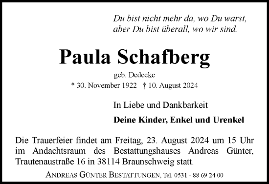 Traueranzeige von Paula Schafberg von Braunschweiger Zeitung