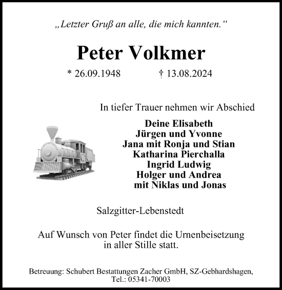 Traueranzeige von Peter Volkmer von Salzgitter-Zeitung