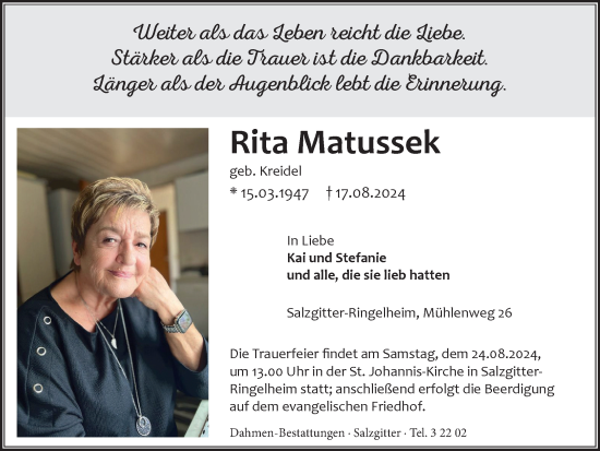 Traueranzeige von Rita Matussek von Salzgitter-Zeitung