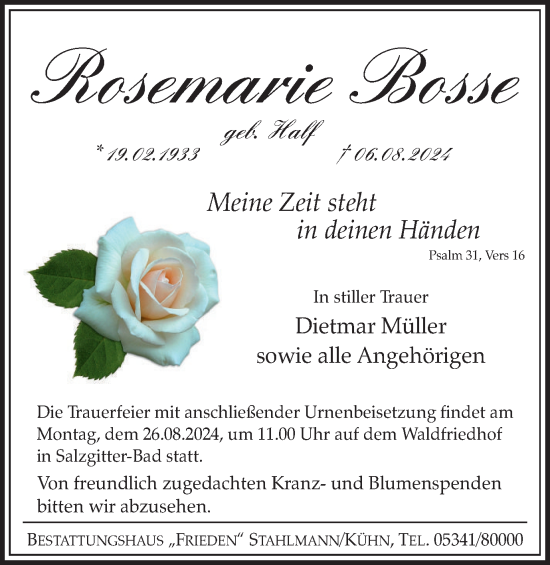 Traueranzeige von Rosemarie Bosse von Salzgitter-Zeitung