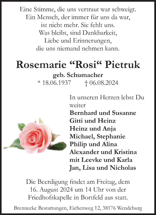 Traueranzeige von Rosemarie Pietruk von Peiner Nachrichten