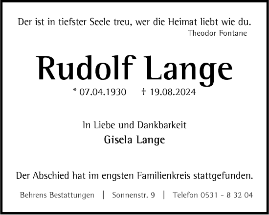 Traueranzeige von Rudolf Lange von Braunschweiger Zeitung