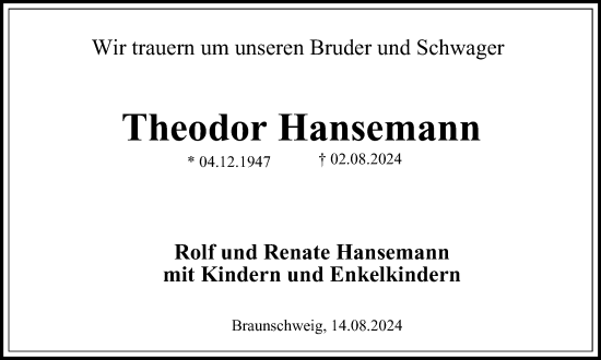 Traueranzeige von Theodor Hansemann von Braunschweiger Zeitung