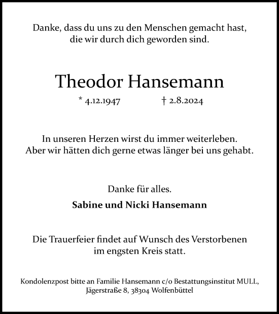 Traueranzeige von Theodor Hansemann von Braunschweiger Zeitung, Salzgitter-Zeitung