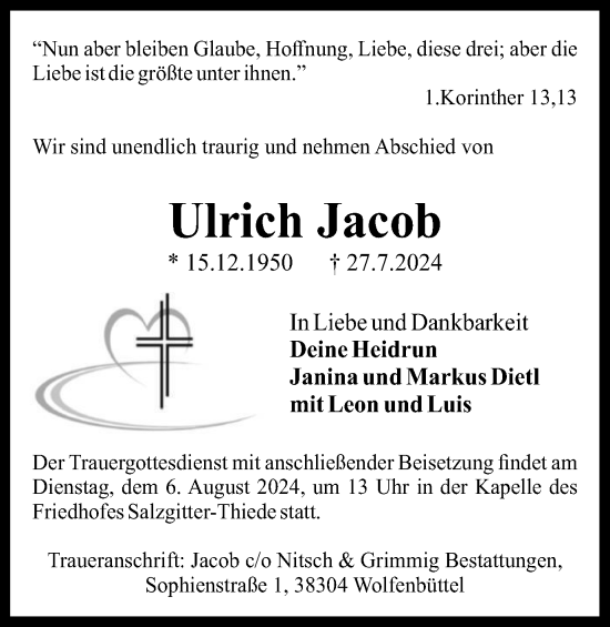 Traueranzeige von Ulrich Jacob von Salzgitter-Zeitung, Wolfenbütteler Zeitung