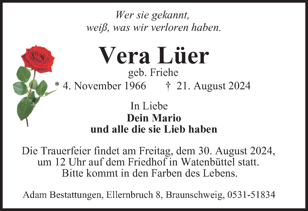  Traueranzeige für Vera Lüer vom 24.08.2024 aus Braunschweiger Zeitung