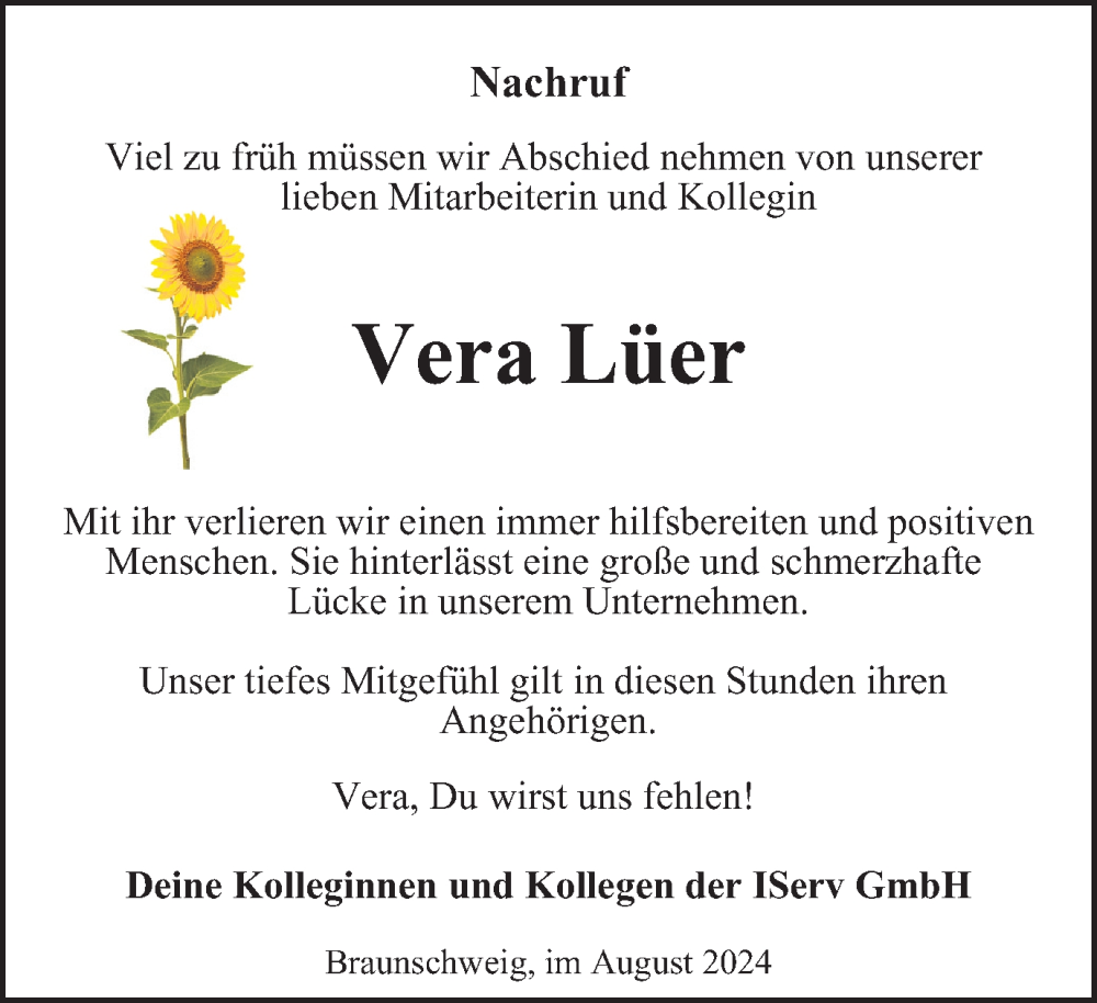  Traueranzeige für Vera Lüer vom 31.08.2024 aus Braunschweiger Zeitung