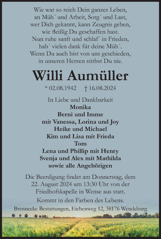 Traueranzeige von Willi Aumüller von Peiner Nachrichten