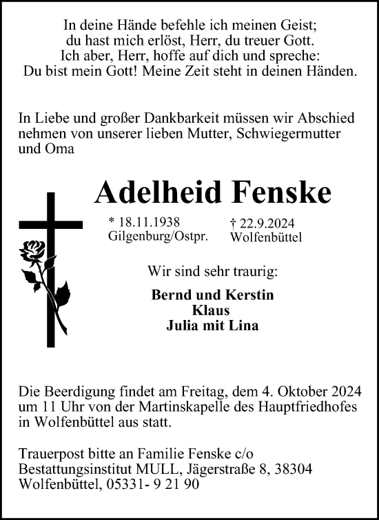 Traueranzeige von Adelheid Fenske von Wolfenbütteler Zeitung