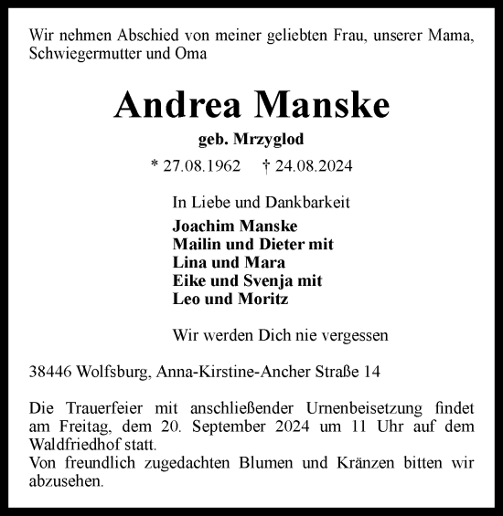 Traueranzeige von Andrea Manske von Wolfsburger Nachrichten