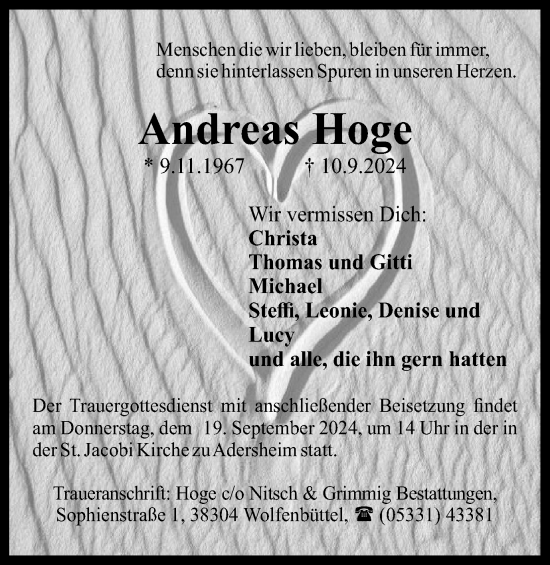 Traueranzeige von Andreas Hoge von Wolfenbütteler Zeitung