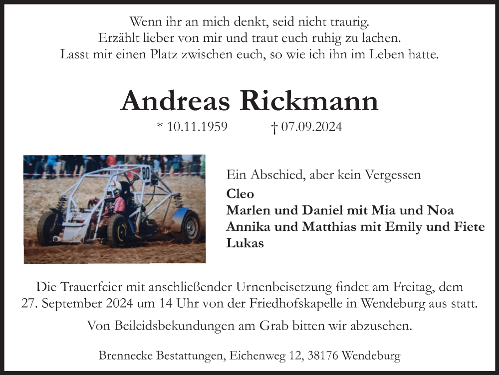  Traueranzeige für Andreas Rickmann vom 14.09.2024 aus Braunschweiger Zeitung