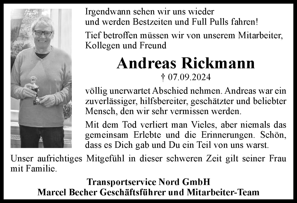  Traueranzeige für Andreas Rickmann vom 21.09.2024 aus Braunschweiger Zeitung