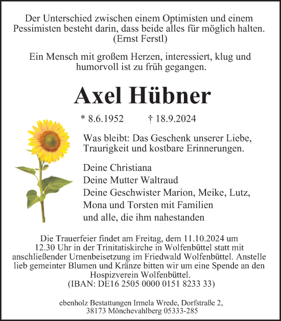 Traueranzeige von Axel Hübner von Braunschweiger Zeitung