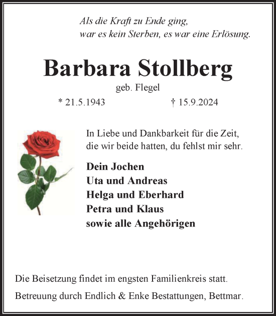 Traueranzeige von Barbara Stollberg von Peiner Nachrichten