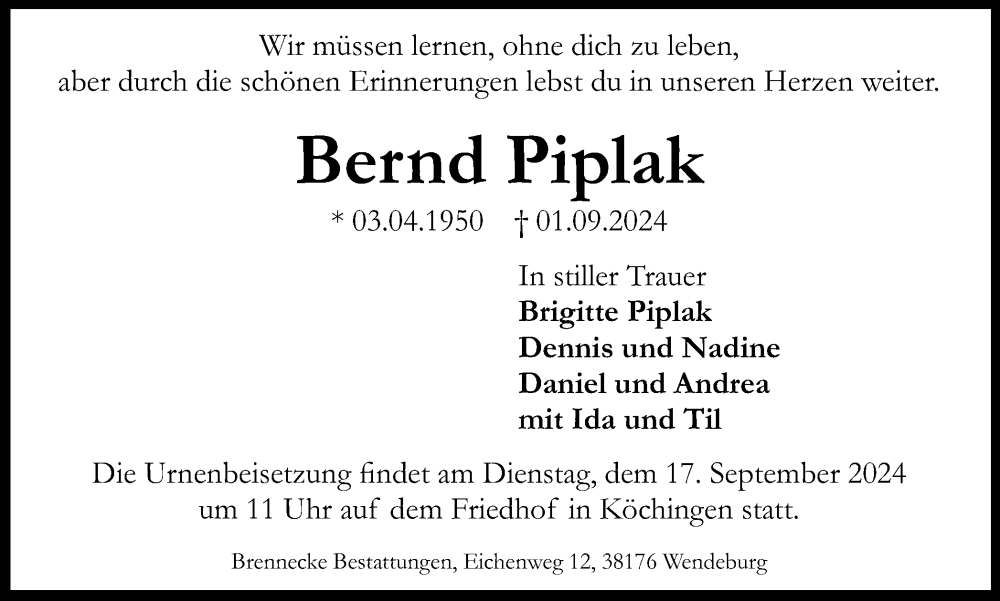  Traueranzeige für Bernd Piplak vom 14.09.2024 aus Peiner Nachrichten