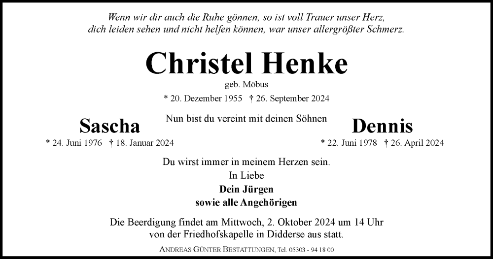  Traueranzeige für Christel Henke vom 28.09.2024 aus Braunschweiger Zeitung