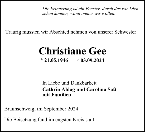 Traueranzeige von Christiane Gee von Braunschweiger Zeitung