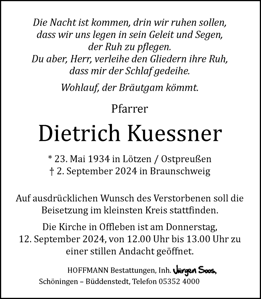  Traueranzeige für Dietrich Kuessner vom 07.09.2024 aus Braunschweiger Zeitung