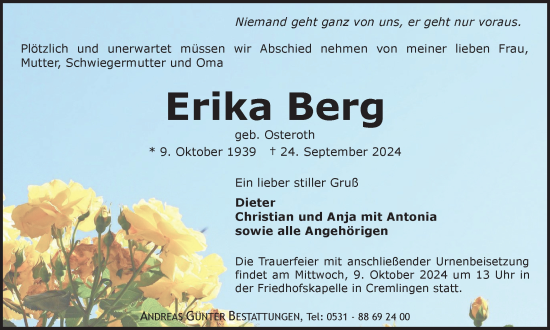 Traueranzeige von Erika Berg von Braunschweiger Zeitung