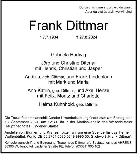 Traueranzeige von Frank Dittmar von Braunschweiger Zeitung